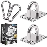 PAMAZY 2PCS M8 Premium Heavy Duty Square Stainless Steel Pad Eye Hooks + 2PCS Snap Hooks and 8PCS Screws with 8PCS Plastic Expansion Tube, Ceiling Hooks Heavy Duty for Outdoor Indoor Activity