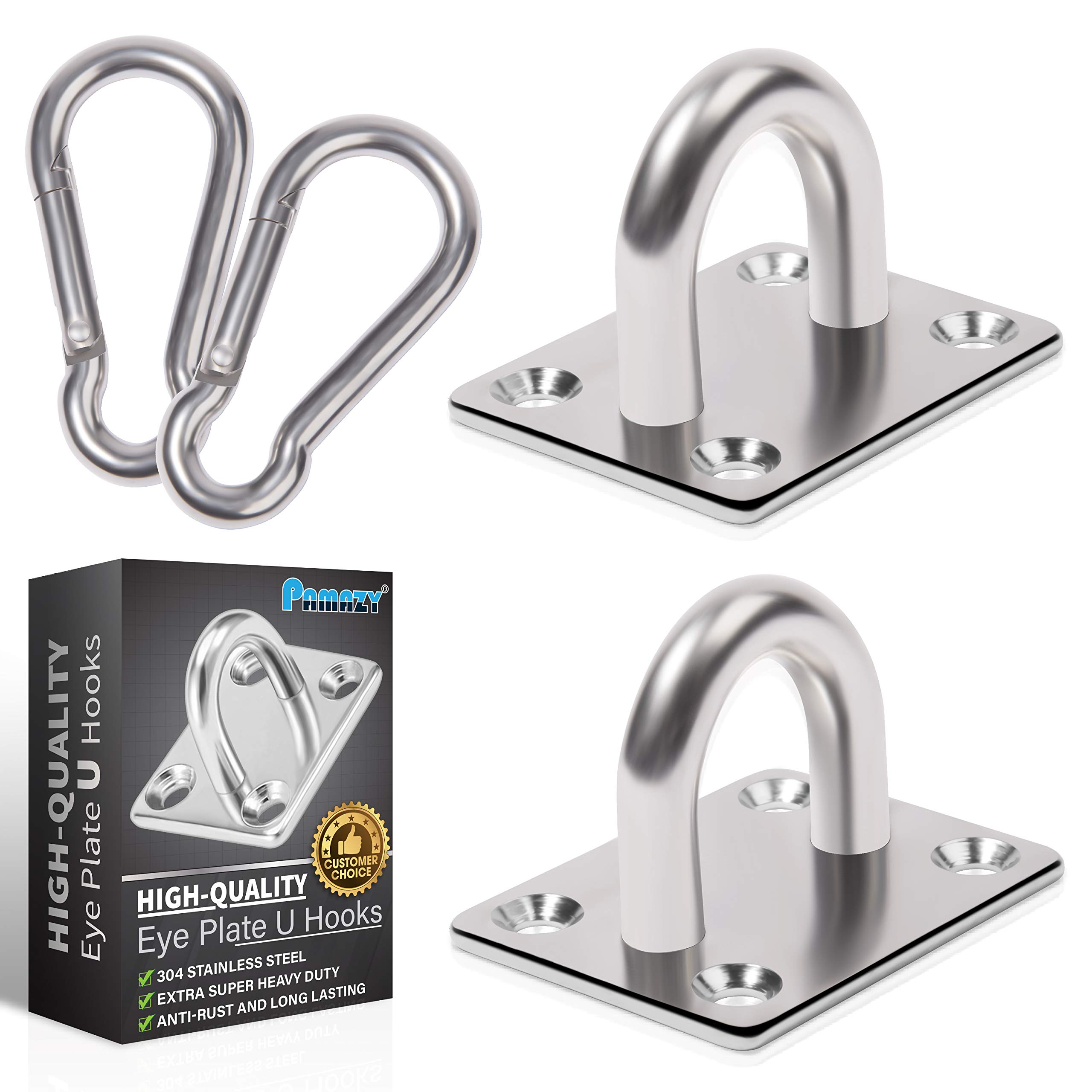 Photo 1 of 2PCS M8 Premium Heavy Duty Square Stainless Steel Pad Eye Hook + 2PCS Snap Hooks and 8PCS Screws With 8PCS Plastic Expansion Tube, Ceiling Hook for Outdoor Indoor Activity
