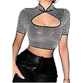MakeMeChic Women's Crop Tops Glitter Cut Out Short Sleeve Mock Neck Y2K Party Club Tee Shirts