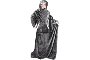 Tirrinia Sherpa Hood Wearable Blanket for Adult Women and Men, Super Soft Comfy Warm Plush Throw with Sleeves TV Blanket Wrap Robe Hoodie Cover for Lounge Chair Couch 72" x 55" Grey