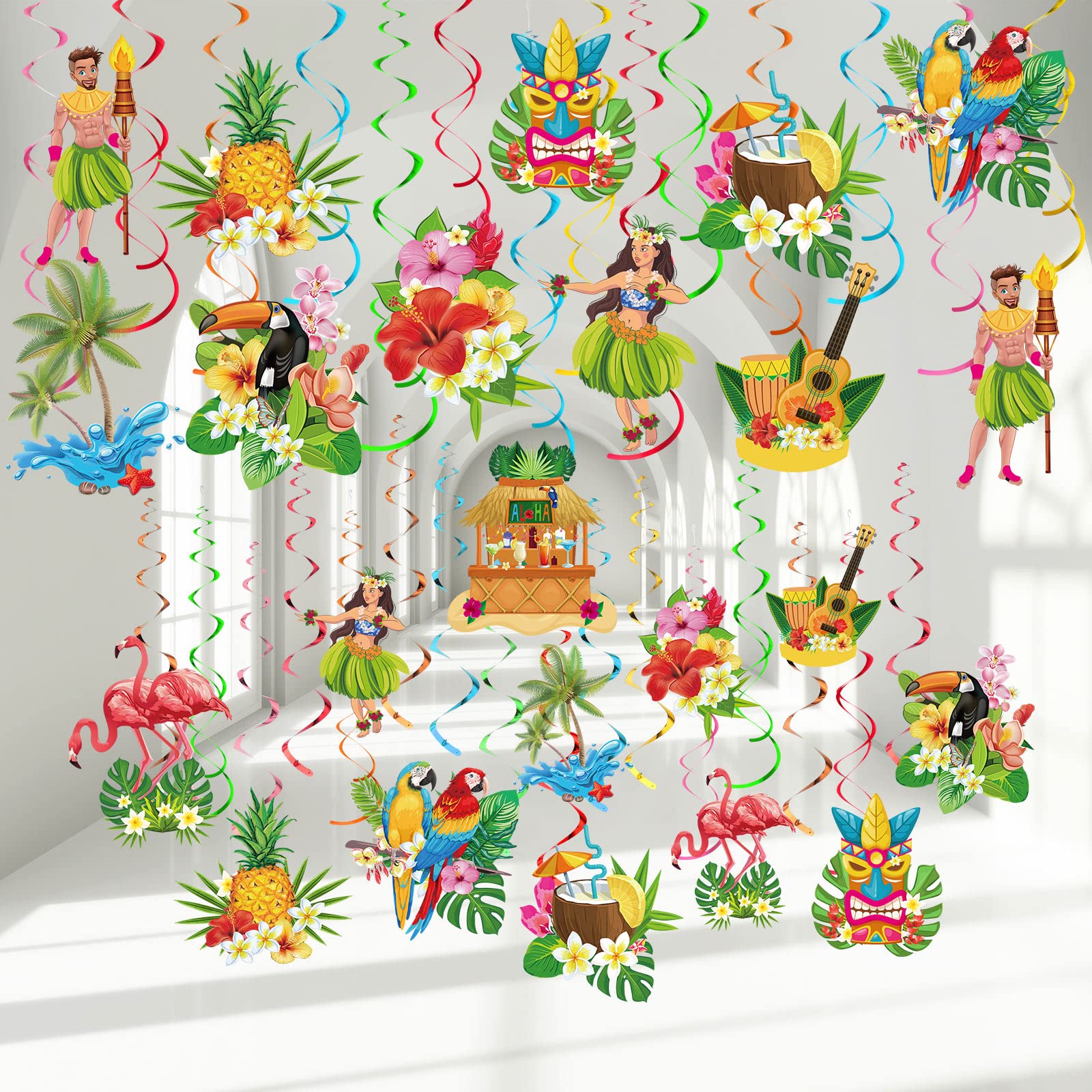 Photo 1 of Outus 30 Pieces Hawaiian Luau Birthday Party Hanging Swirl Decorations, Flower Tropical Palm Flamingo Sign Foil Ceiling Decor for Floral Tropical Party Summer Beach Pool Tiki Supplies(Bird)