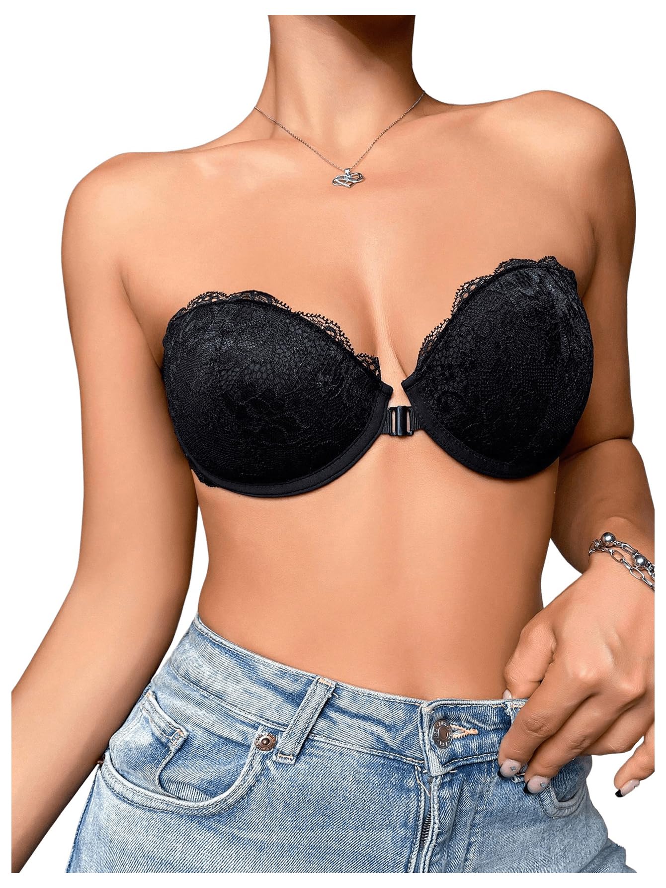 Photo 1 of OYOANGLE Women's Lace Strapless Underwire Bras Front Closure Lightly Lined Bandeau Bra Black Medium
