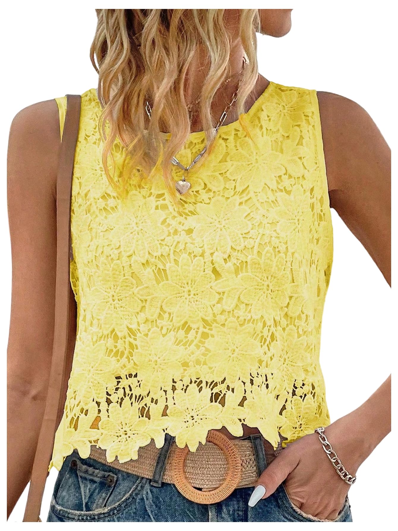 Photo 1 of MakeMeChic Women's Floral Lace Blouse Crew Neck Sleeveless Summer Tank Tops Yellow Medium