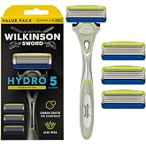 Wilkinson Sword Hydro 5 Sensitive Razor for Men, 5 Blade Cartridge Razor with Hydrating Aloe Vera Gel, Skin Guards, Flip Trimmer, 4 Piece Set (Handle + 3 Blades), Multicolor, Men's