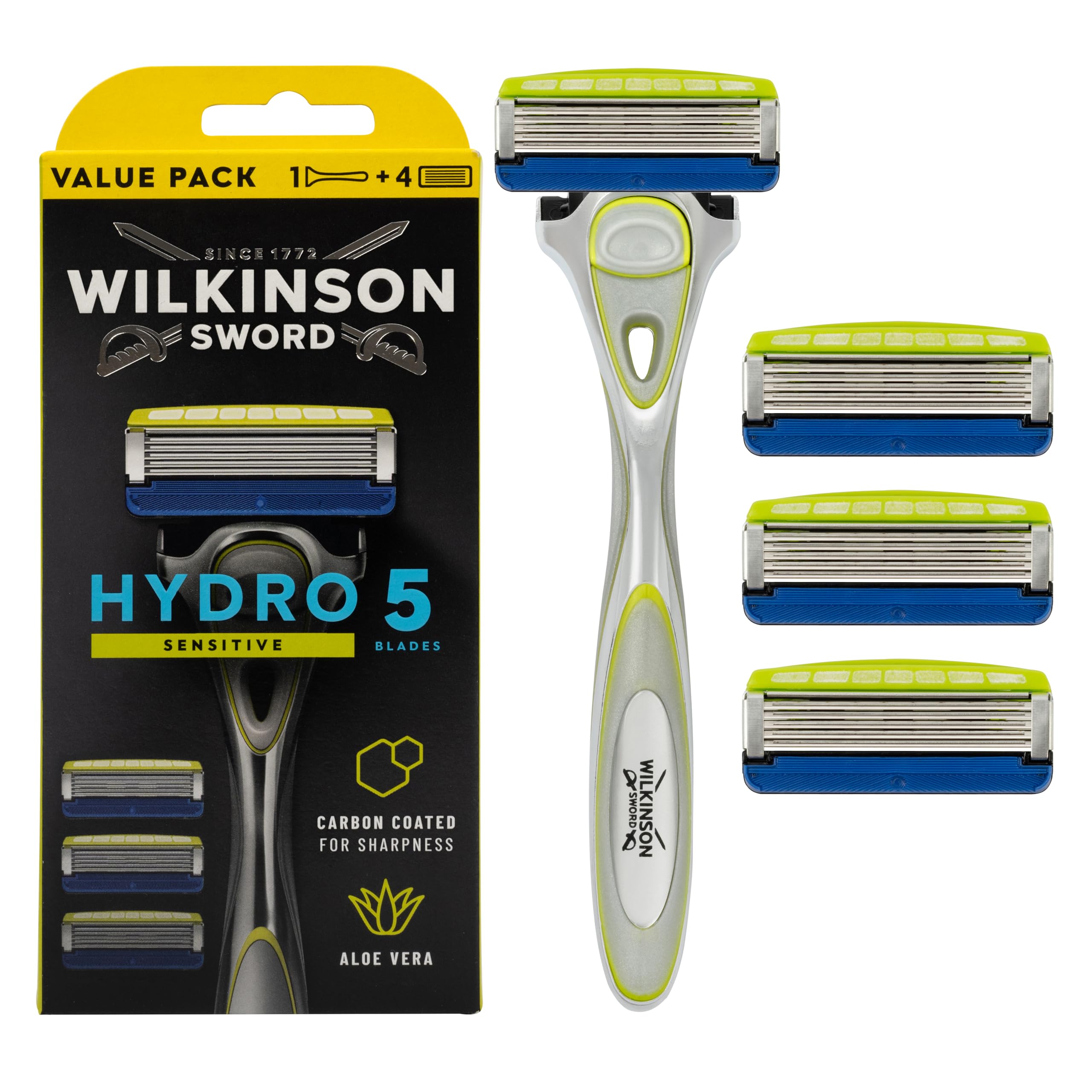 Wilkinson Sword Hydro 5 Sensitive Razor For Men, 5 Blade Cartridge Razor with Hydrating Aloe Vera Gel, Skin Guards, Flip Trimmer, 4 Piece Set (Handle + 3 Blades), Multicolor, Men's