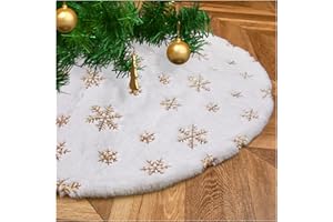 FANQISI White Faux Fur Tree Skirt Gold Sequin Snowflakes Tree Skirts 24 Inches Mini Christmas Plush Tree Skirts Xmas Ornaments Decorations