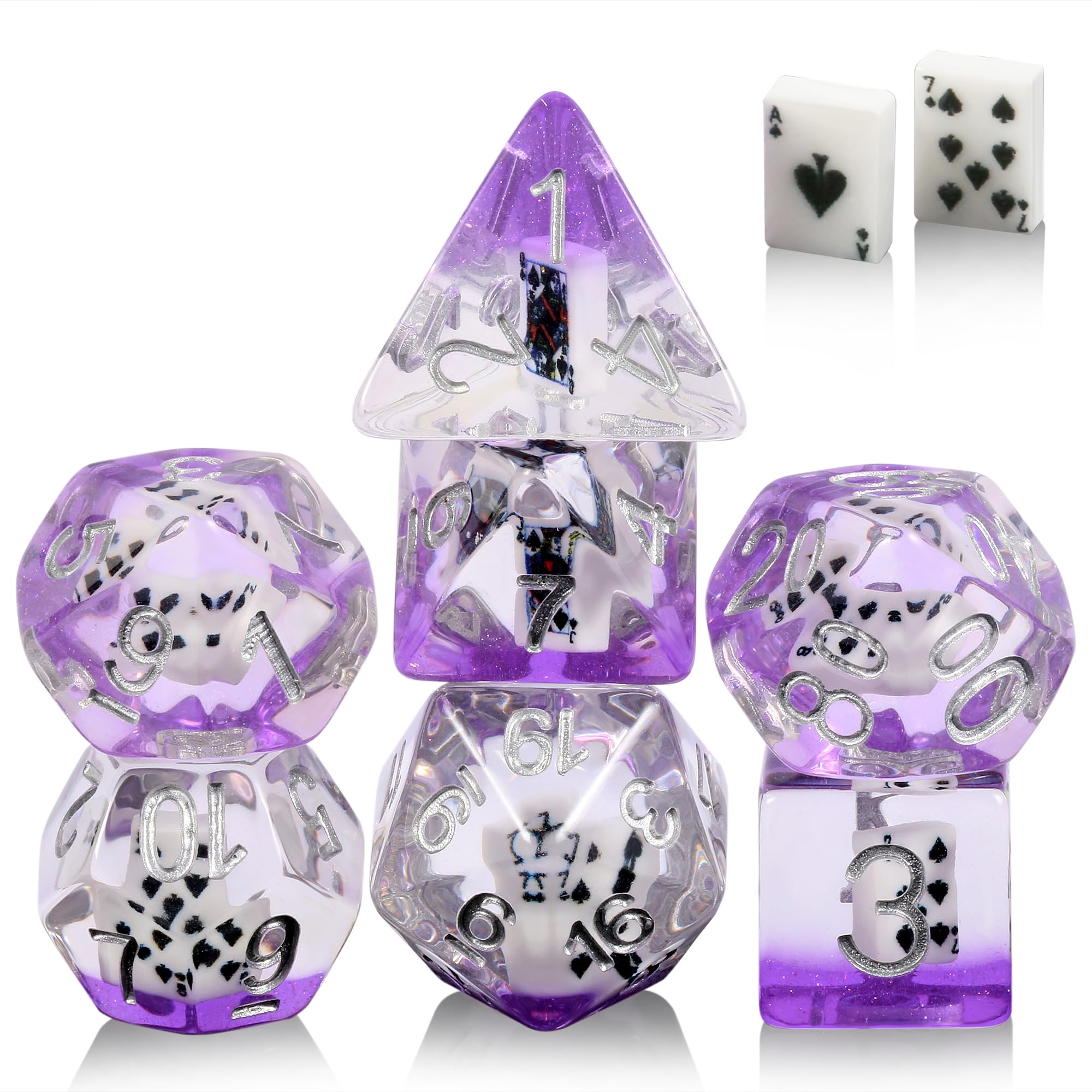 DND Dice Set with Dinosaur Inside - 7PCS Polyhedral Dice for Dungeons and Dragons, D&D RPG Resin Dice with Silver Numbers in Velvet Bag, Unique Game Accessories Gift for DND Players（Dinosaur)