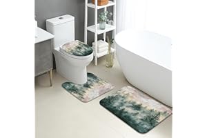 Forest Bathroom Mat Sets 3 Piece, Watercolor Green Trees Absorbent Non Slip Toilet Rugs U Shaped Washable, Nature Inspired Qu