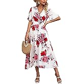 Kormei Women Short Sleeve V Neck Boho Floral Smocked Waist A-Line Swing Summer Beach Party Long Maxi Dress