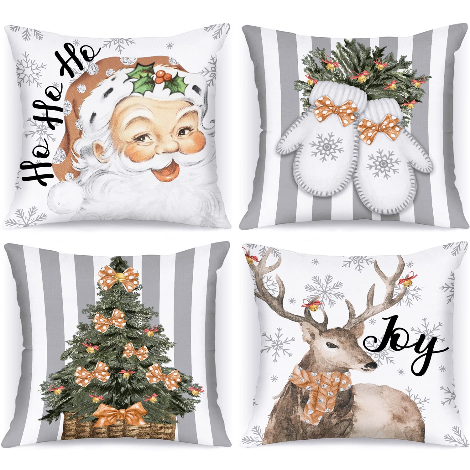 Lanpn White and Grey Vintage Christmas Cushion Covers 50x50 Set of 4, Decorative Gray Retro Santa Xmas Throw Covers Pillow Cases 20x20 for Home Bedroom Room Holiday Couch Decor Decorations