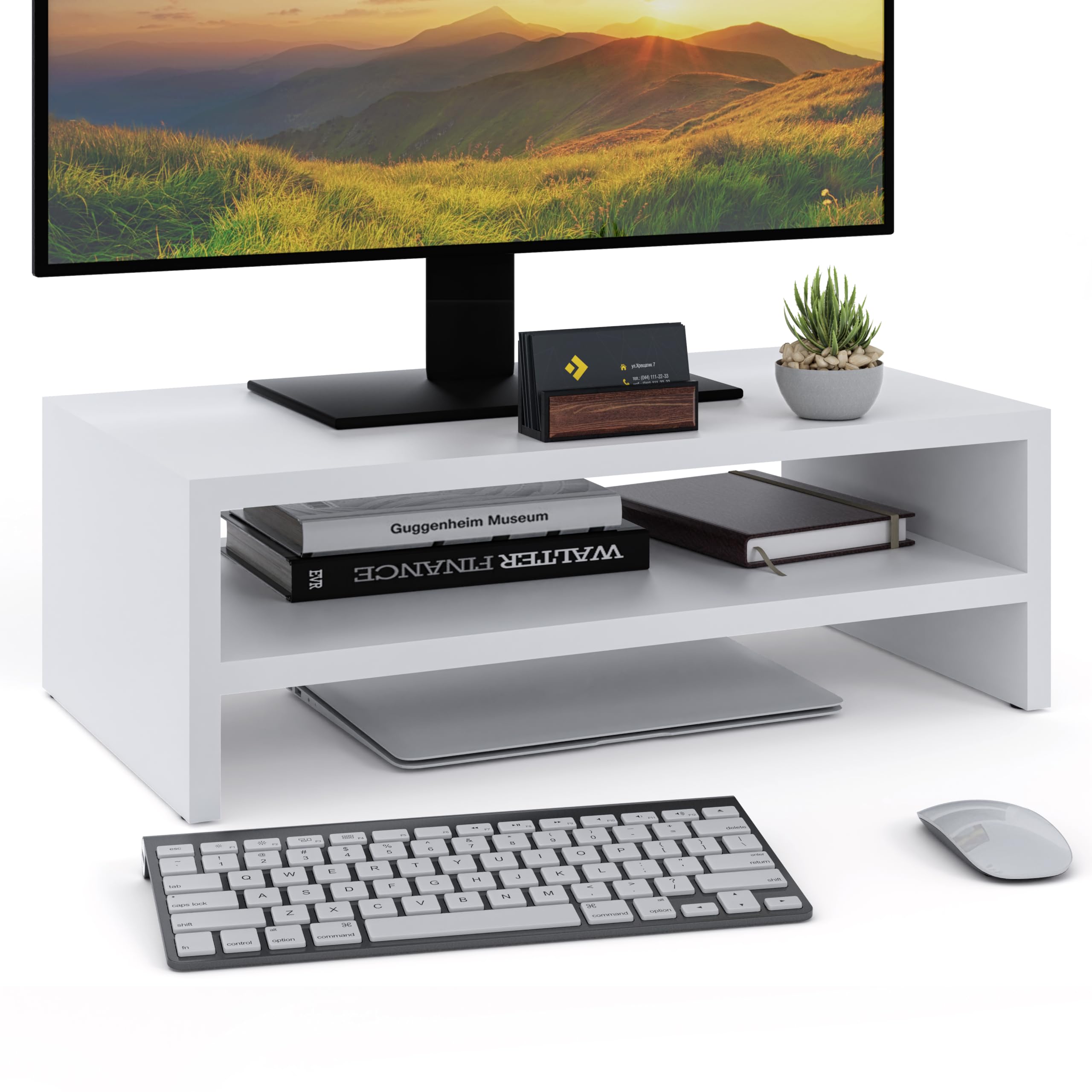 ComfortCove 2-Tier Monitor Riser, Laptop & Printer Stand with Storage Shelf, Ideal for Home Office, White