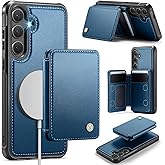 Usroom Compatible with Magsafe for Samsung Galaxy S25 Wallet Case Magnetic Card Holder, RFID Blocking 2 in 1 Detachable Kickstand Shockproof Case for Women Men, Blue