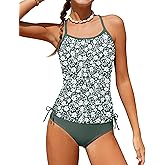 HOTOME Girls Swimsuit Two Piece Cross-Back Straps Girls Tankini Contrast Trim Drawstring Girl Bathing Suit for Teens 9-16Y