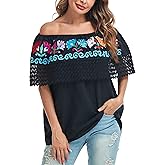 YZXDORWJ Women Mexican Embroidered Off-Shoulder Shirt Lace Falbala Top