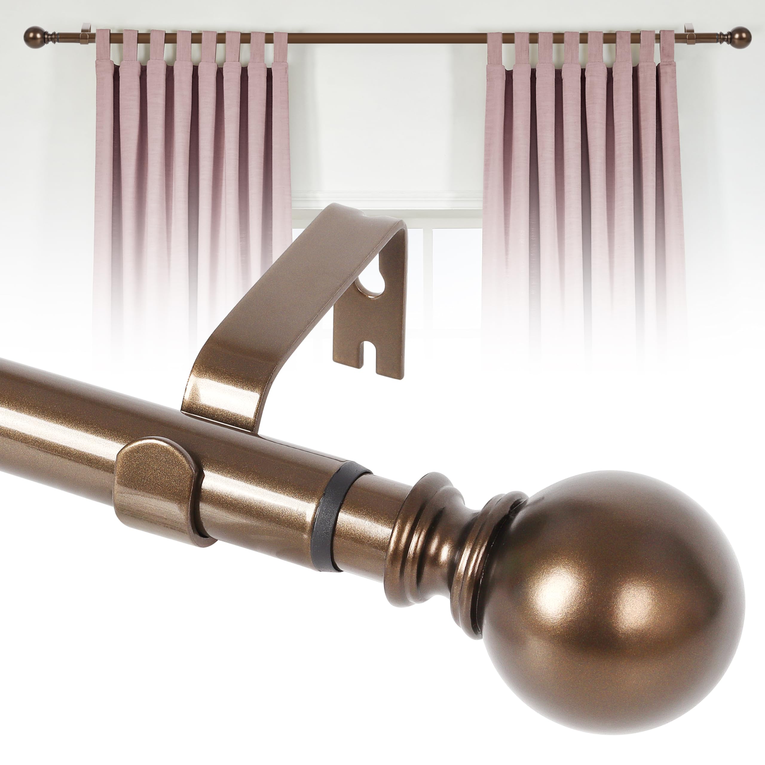 KINGSOW Bronze Extendable Curtain Poles: Adjustable Window Curtain Poles Extending Single Curtain Rod 120-210cm for Eyelet Curtains