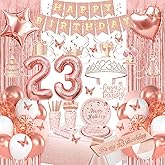 Miidenks Rose Gold 23rd Birthday Decorations, Happy 23rd Birthday Decorations for Women Girls, Party Pack with Rose Gold Banner, Number 23 Balloons, Sash, Crown, Dinnerware for 10 Guests
