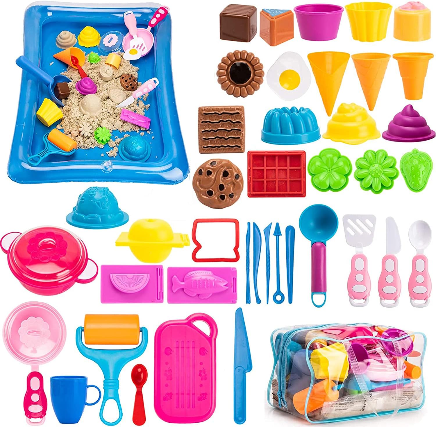 Play Sand ice Cream Set,Ice Cream kit,3lbs Magic Sand, Food Sand Molds Tools, Play Sand kit, Sand Tray and Storage Bag, 44PCS Sandbox Toys Set for Outdoor Tots