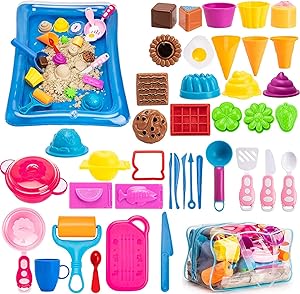 Play Sand ice Cream Set,Ice Cream kit,3lbs Magic Sand, Food Sand Molds Tools, Play Sand kit, Sand Tray and Storage Bag, 44PCS Sandbox Toys Set for Outdoor Tots