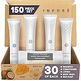Infuse Pure White Tea and Coconut Hotel Soaps and Toiletries Bulk Set | 1-Shoppe All-In-Kit for Airbnb | 1oz Shampoo & Conditioner, Body Wash, Lotion & 1.25oz Bar Soap | Travel Size 150 Pieces