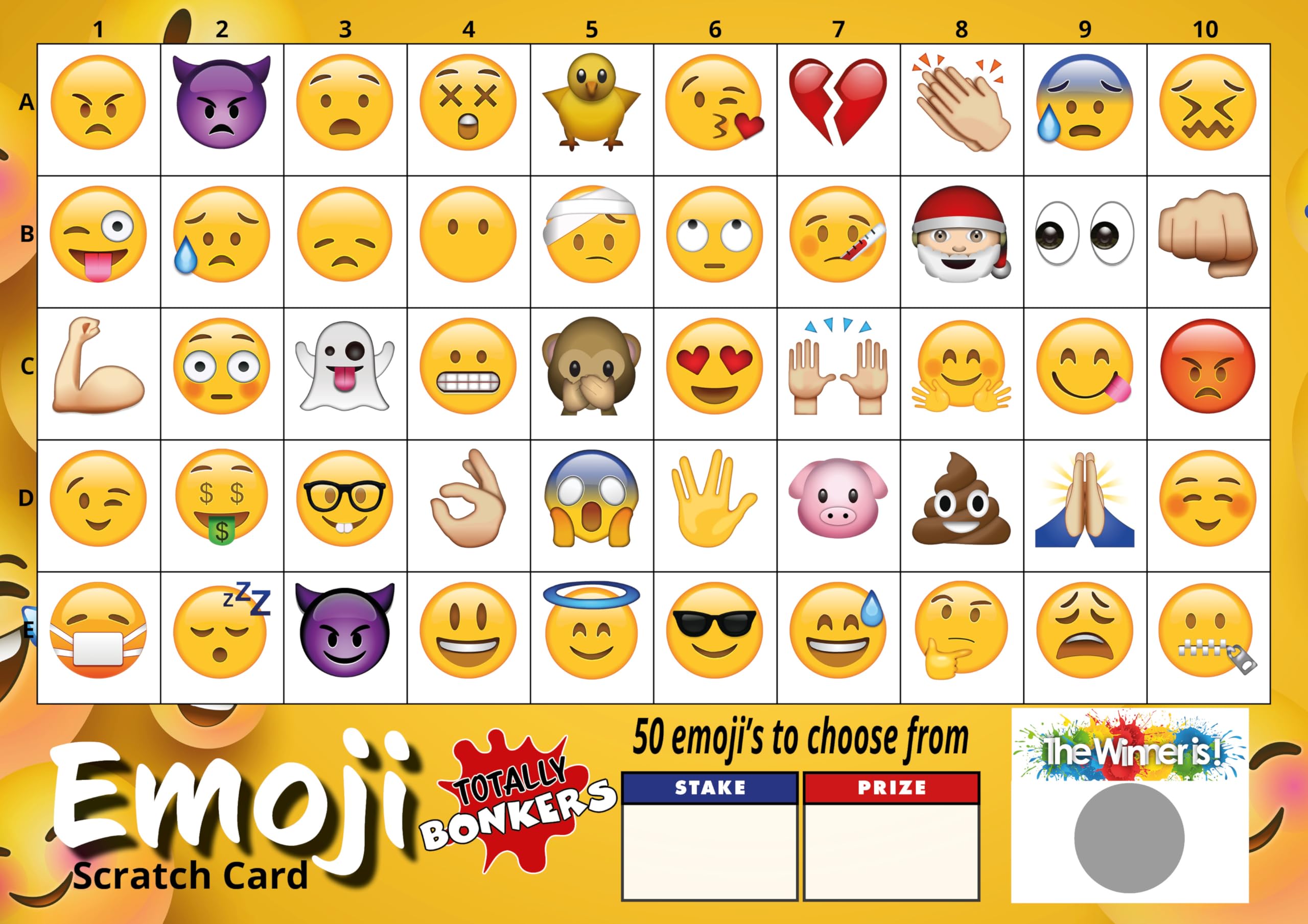 Totally Bonkers - Emoji Fundraising Scratch Cards - 100 Square - A4 (297x210mm) - 5 Pack - TB0104 - Blind Card