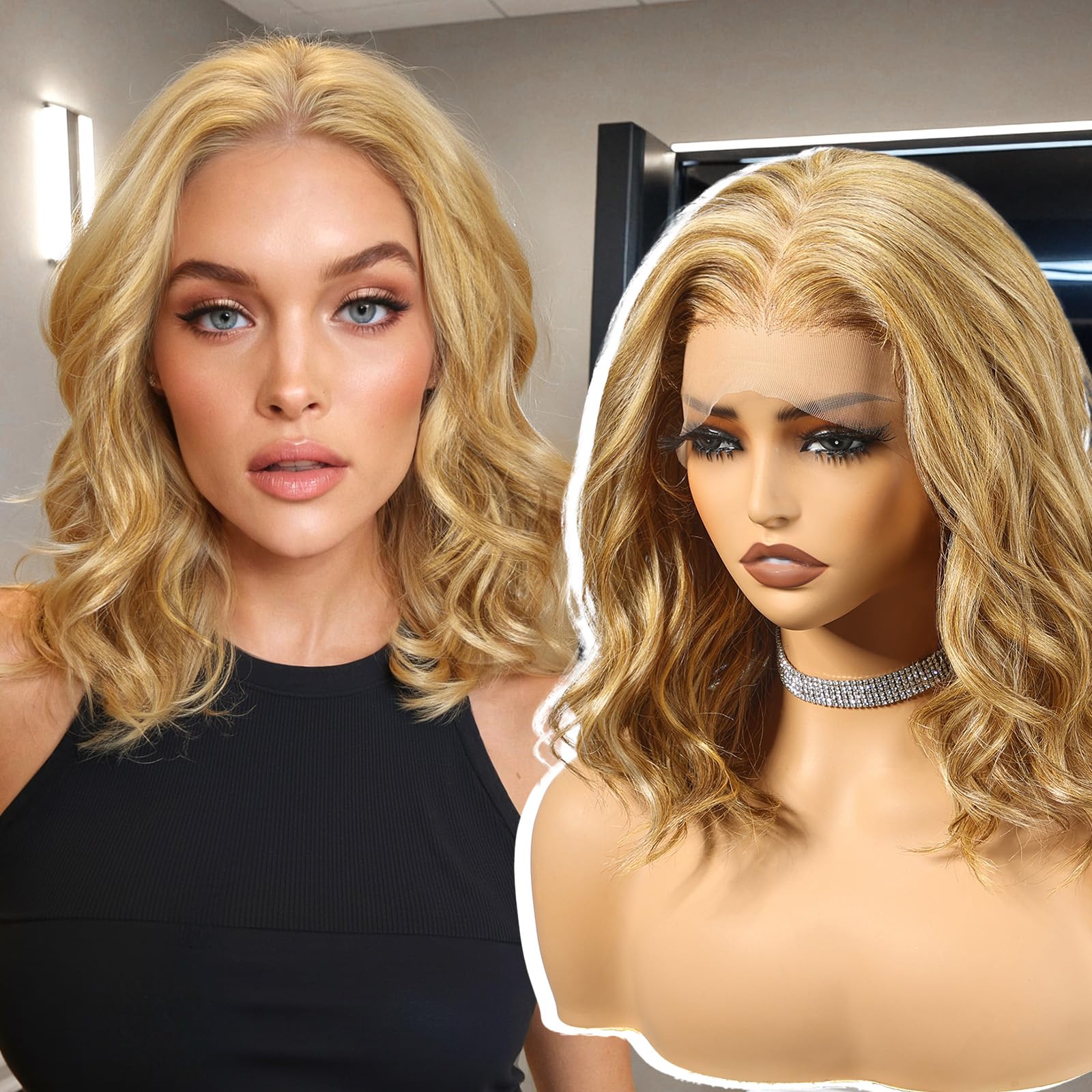 Photo 1 of KOME Dirty Blonde Synthetic Lace Front Wig,13×6 Glueless Shoulder Length Curly Bob Wigs for Women Daily Use 16IN