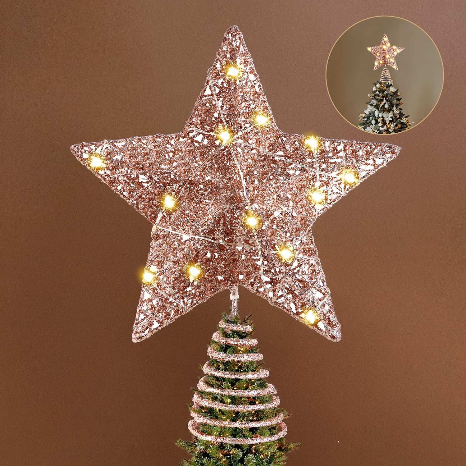 Tree Toppers - WHOLEV Christmas Tree Topper Star, 8 Inch Rose Gold Star Tree Toppers Lighted Glittered Metal Hollow Tree-Top Star, 15 LED Lights Xmas Tree Topper Holder for Christmas Tree Home Deco Bar Holiday Party