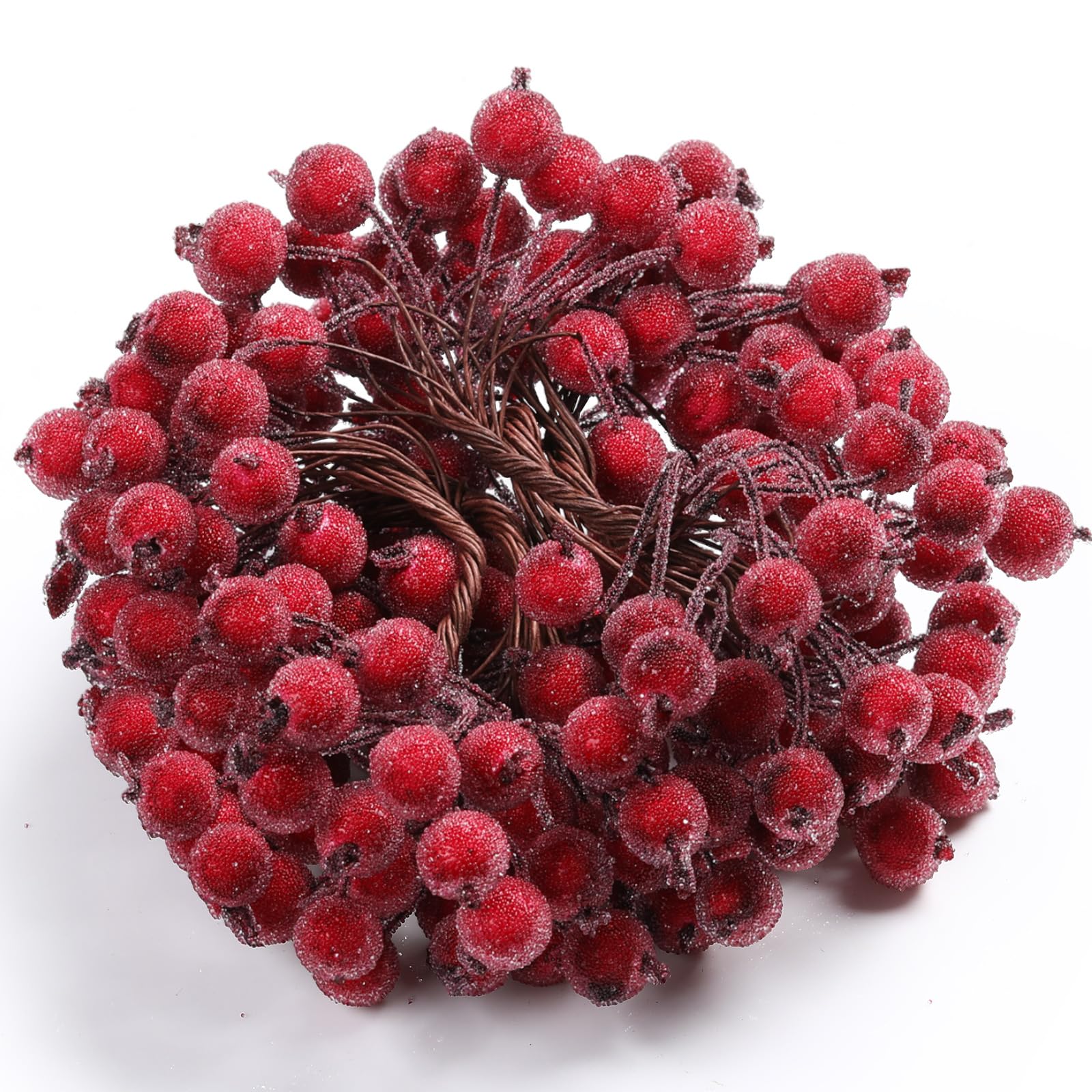 BBTO 100 Wired Stems of Artificial Holly Berries Artificial Flower Decor 200 Pack 12 mm Mini Christmas Frosted Fruit Berry (Dark Red)