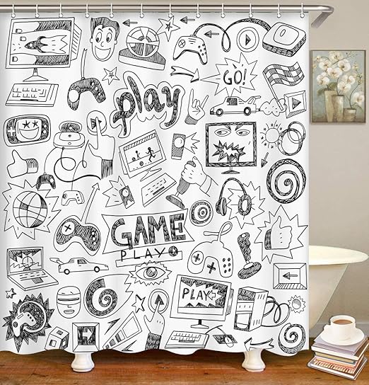 Amazon Com Britimes Shower Curtain Computer Games Doodles Video Play Console Waterproof Polyester Fabric Bathroom Decor Bath 72 X 72 Inches Set With Hooks Kitchen Dining