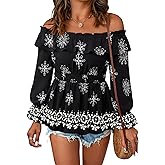 Gaharu Women's Off Shoulder Tops Ruffle Long Sleeve Blouses Dressy Casual Loose Shirts