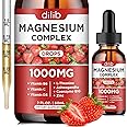 Triple Magnesium Complex Supplement, Magnesium Glycinate, Blend, Citrate Liquid Drops 1000mg with Ashwagandha, CoQ10, Vitamin B6, C, D, Zinc -Support Calm Stress Relief, Bone, Muscle, Mood Vegan