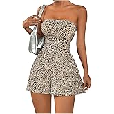 SOLY HUX Women's Leopard Print Tube Romper Strapless Sleeveless Ruched Short Jumpsuit