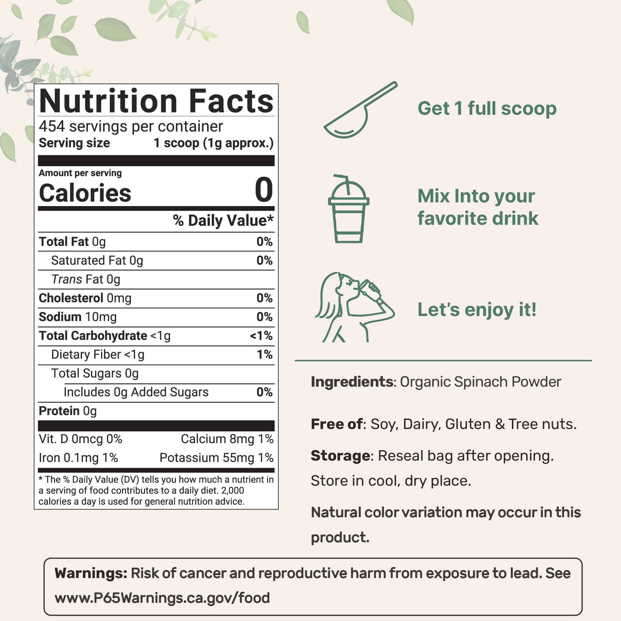 Micro Ingredients Sustainably US Grown, Organic Spinach Powder, 1 Pound, Freeze Dried from Whole Leaf, Rich in Beneficial Thylakoids and Chlorophyll, Contains Multivitamins, Non-GMO, Vegan Friendly