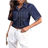SHENHE Women's Short Sleeve Denim Jacket Button Up Cropped Jean Jacket with Pockets