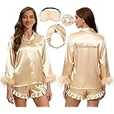 EPLAZA Bride Bridal Pajamas Set Women Bridesmaid Pajamas 2pcs Feather Trim Sleeve Silk Satin Pjs Set for Bridal Party Gifts