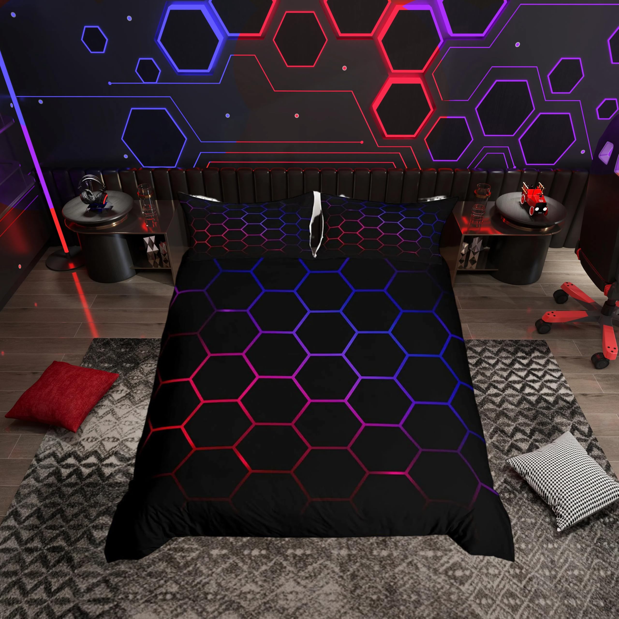 3D Honeycomb Duvet Cover Set Theme Bedding Set for Kids Boys Girls Hexagon Artwork Comforter Cover Purple Blue Red Black Bedding & Linen 2Pcs Single