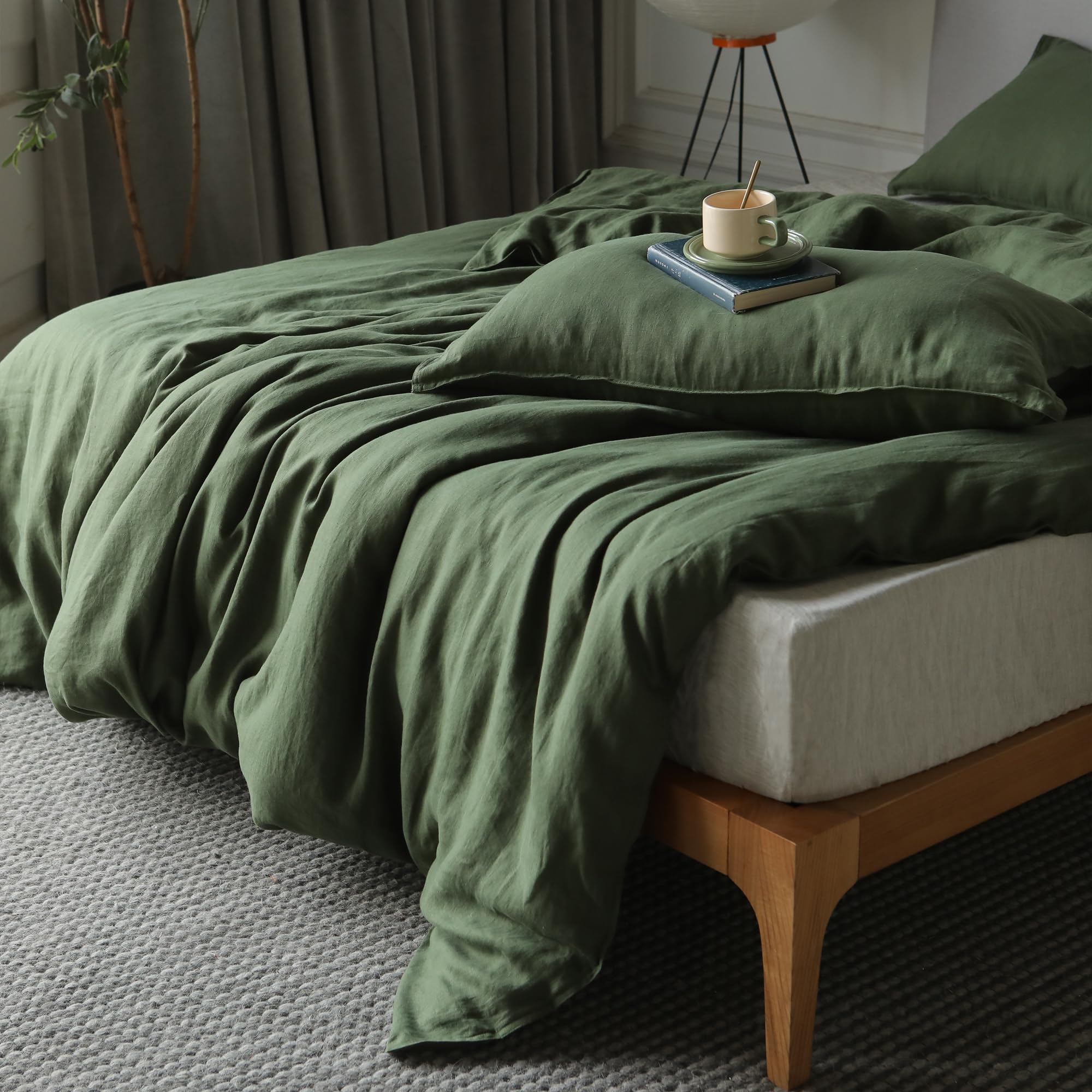 XZ XIFA Green Linen Duvet Cover Full, 100% Washed French Flax Linen Bedding Set with Zipper Closure, Cooling & Textured Bed Sets for Hot Sleepers(1 Duvet Cover, 2 Pillowcases) Image