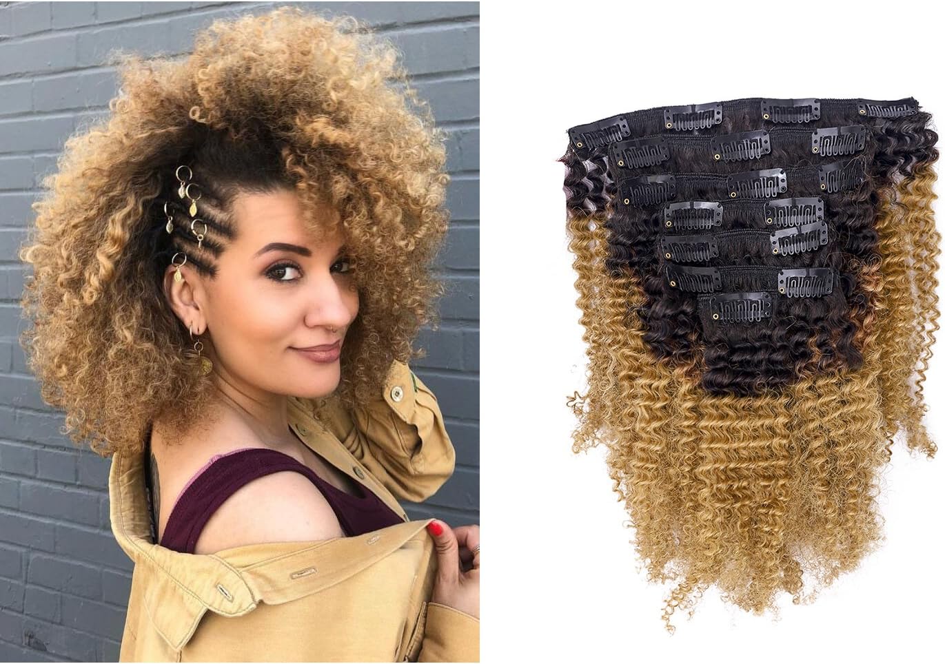 Anrosa Afro Kinky Curly Clip in Hair Extensions Natural Hair Clip ins Human Hair Extensions Curly Virgin Brazilian Hair 3C 4A 4B Curly Extensions for Black Women Ombre Brown Blonde Hair 120g 10 Inch