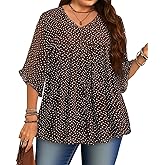 Siddhe Plus Size Tops 3/4 Sleeve V Neck Chiffon Blouses Loose Fit Spring Summer Dressy Boho Casual Tunic for Leggings(XL-5XL)