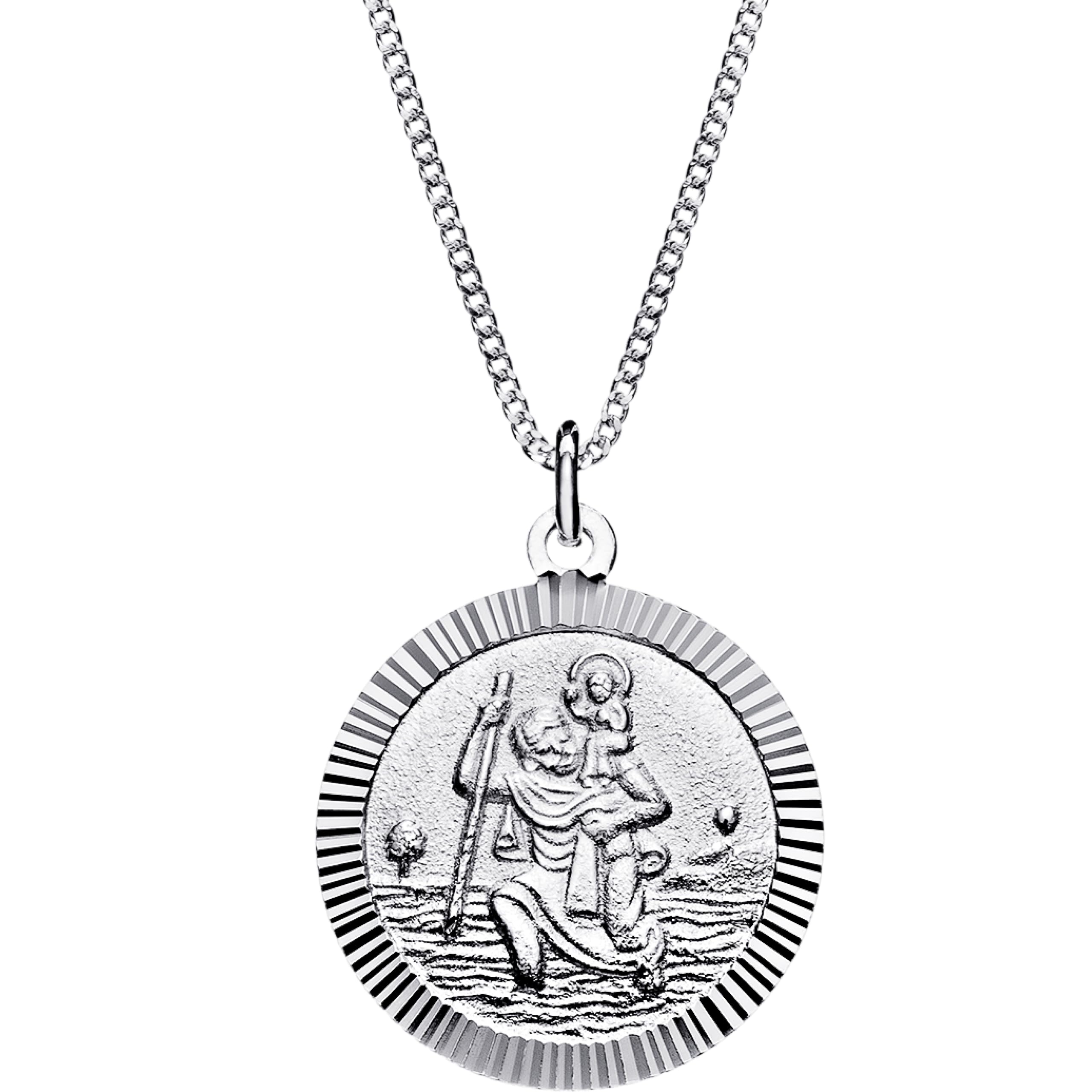 Aeon Silver St Christopher Necklace - 925 Sterling Silver Pendant | Double Sided | Holy Christian Travel Protector | Adjustable 16-18" Chain (18mm) (Ribbed)