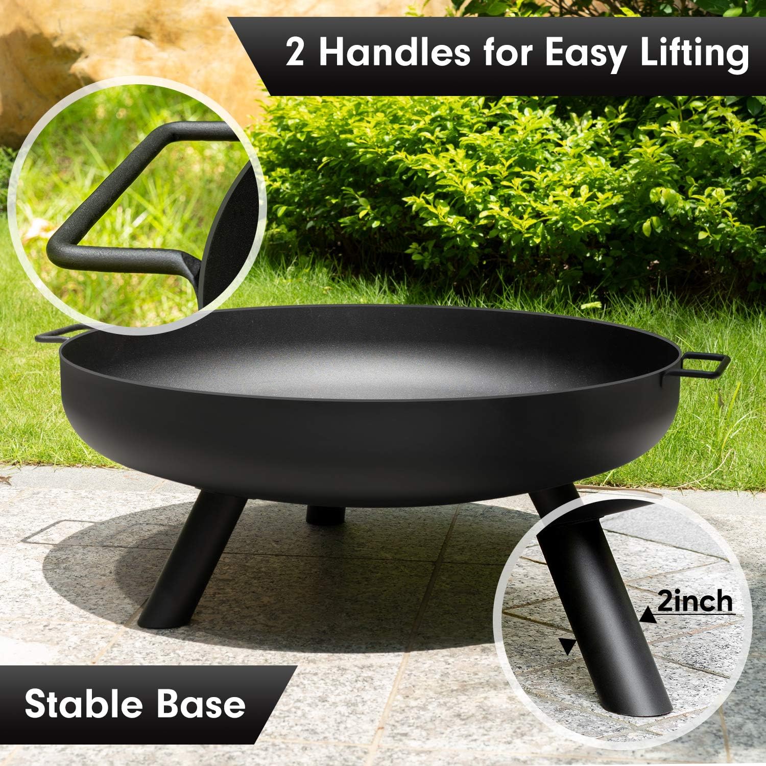 Amagabeli Fire Pit Outdoor Wood Burning Fire Bowl 30in with A Drain Hole Fireplace Extra Deep Large Round Cast Iron Outside Backyard Deck Camping Beach Heavy Duty Metal Grate Rustproof Black : Garden & Outdoor