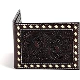 ARIAT Men's Bifold Wallet with Passcase - Genuine Leather with Floral Embossed Design and Cream Bucklace Stitching, Brown