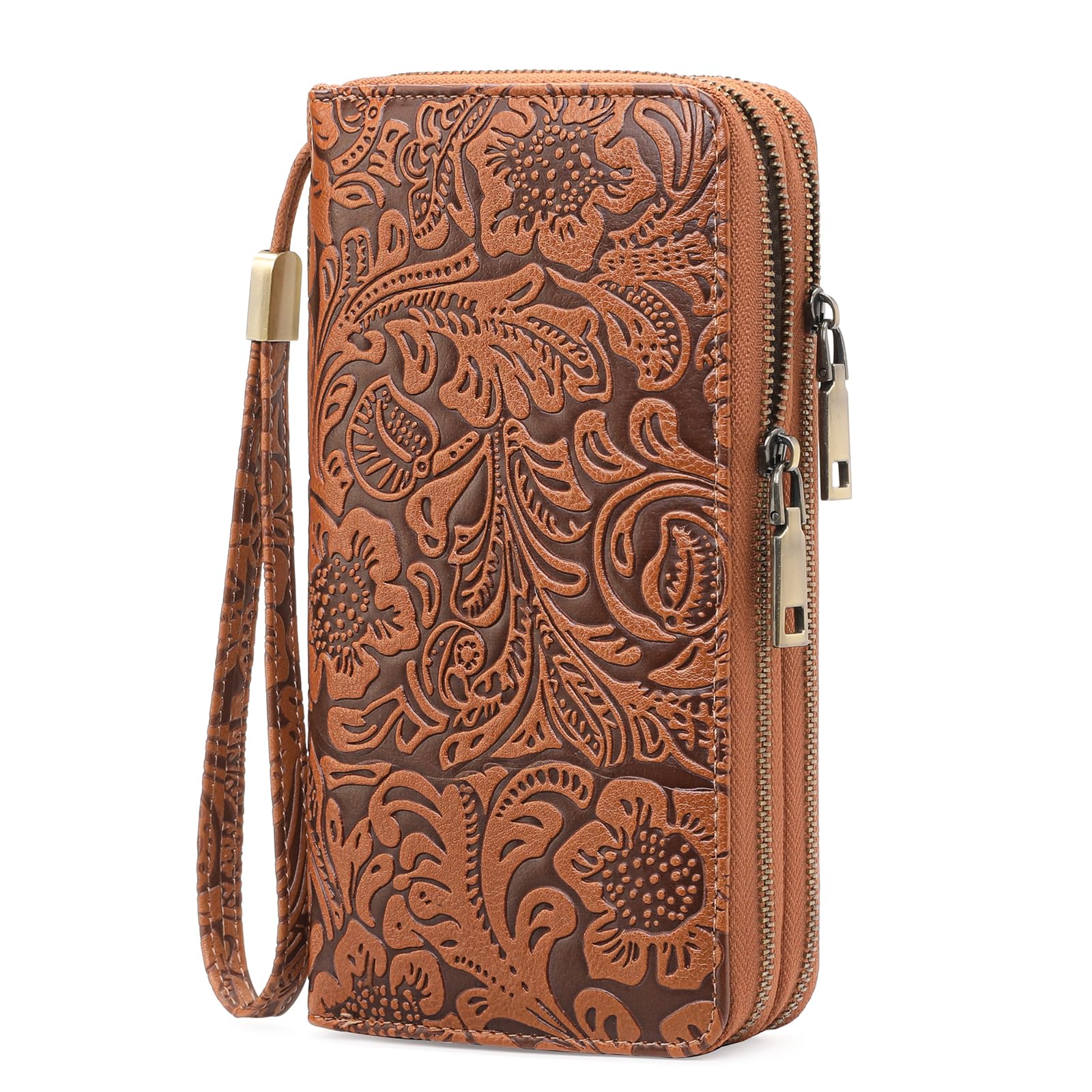 View 1 of ***Zipper broken***GOIACII Women's Wallet Wristlet Ladies Phone Purse RFID Blocking Large Card Holder Double Zip Grip Strap Vegan Leather***Zipper broken***