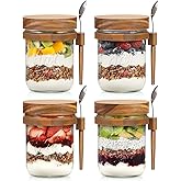 4 Pack Overnight Oats Containers with Wooden Lids and Spoons, 16oz Glass Mason Overnight Oats Jars with Lids, Large Capacity Airtight Jars for Milk, Cereal, Fruit