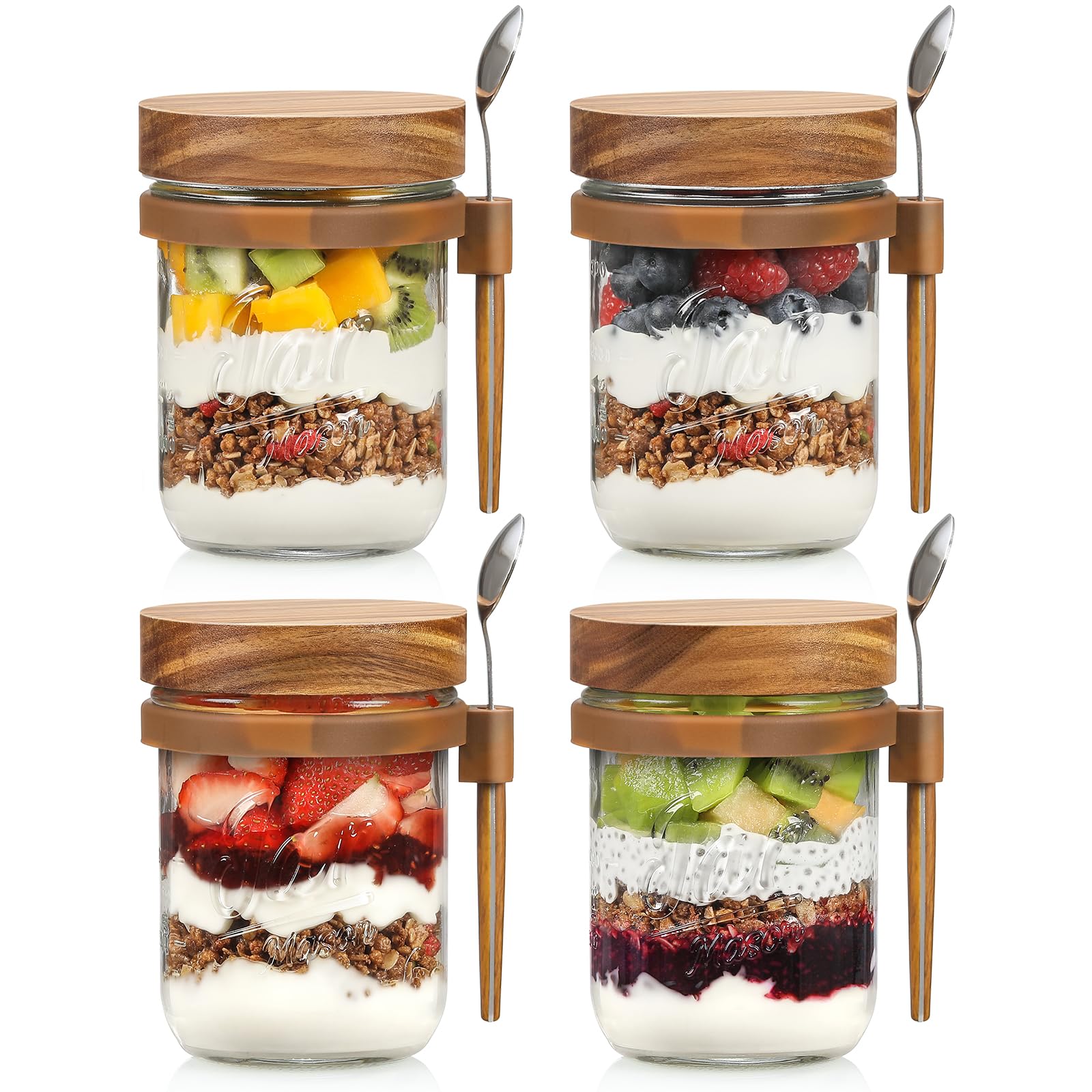 Photo 1 of 4 Pack Overnight Oats Containers with Wooden Lids and Spoons, 16oz Glass Mason Overnight Oats Jars with Lids, Large Capacity Airtight Jars for Milk, Cereal, Fruit