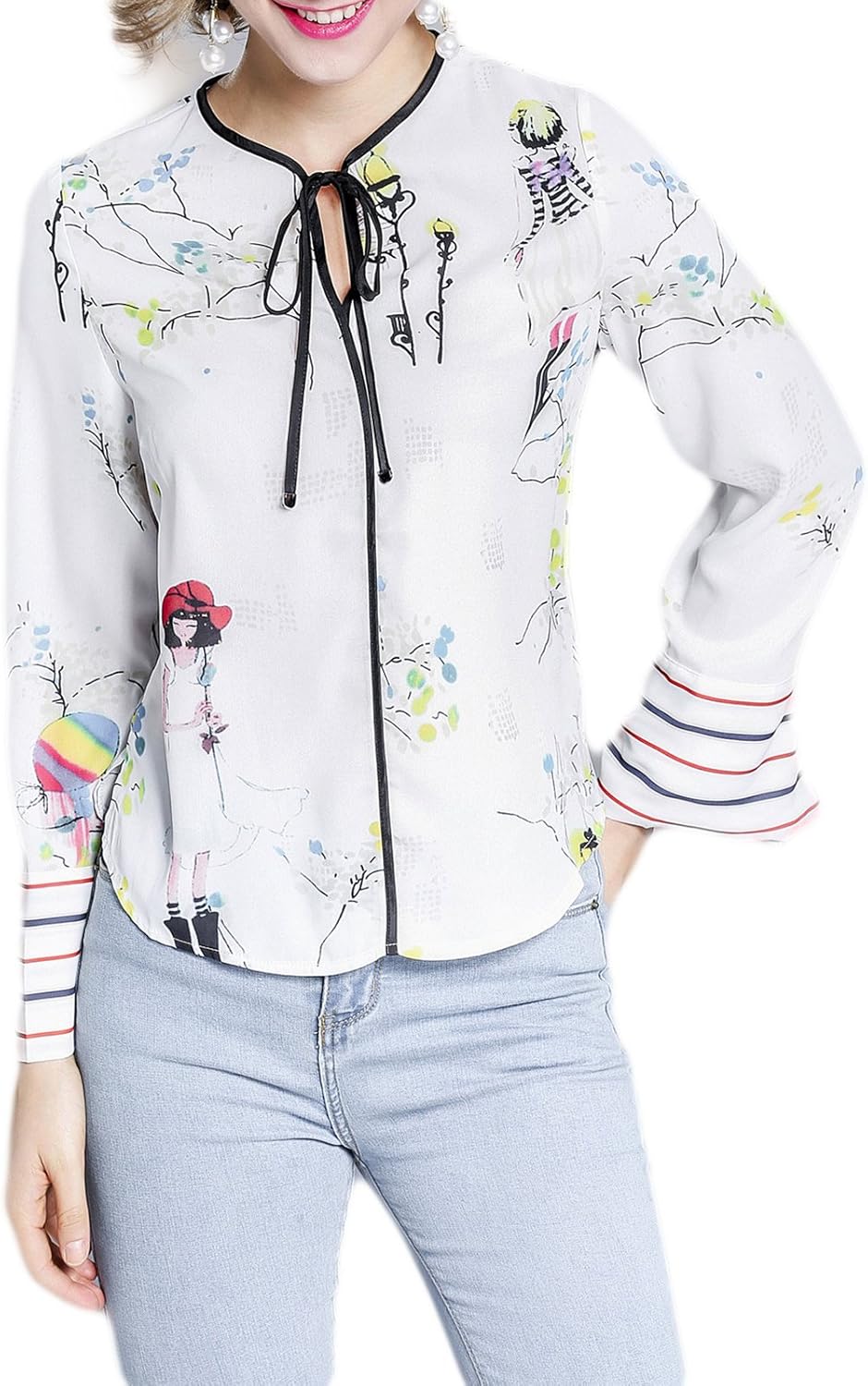 MISSLOOK Women's V Neck Graphic Print Bell Sleeve Blouse Multicolor XL at Amazon Women’s