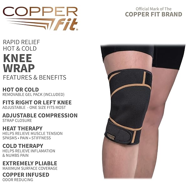 COPPER FIT UNISEX ADULT RAPID RELIEF KNEE WRAP WITH HOLD/COLD THERAPY ABDOMINAL SUPPORT, BLACK, ADJUSTABLE