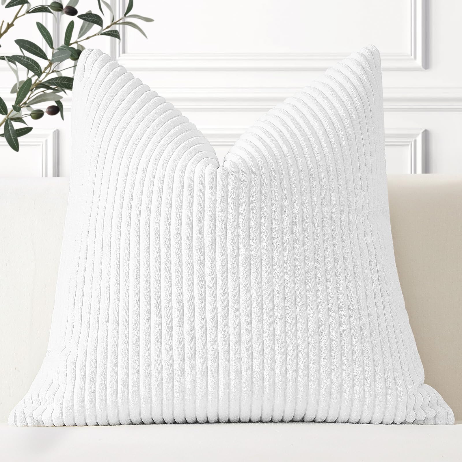 Artscope Cozy Striped Corduroy Cushion Cover 45x45cm Super Soft Decorative Square Throw Pillow Covers Case for Sofa Couch Bedroom Car Decor 18 x 18 Inches, Pure White