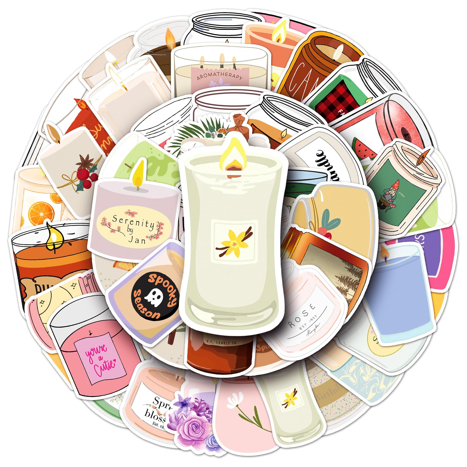 50Pcs Candle Stickers Laptop Car Scrapbook Phone Skateboard Suitcase Luggage Bike Candle Stickers Vinyl Waterproof Aesthetic Personalised Stickers for Teens Boys Girls Adults