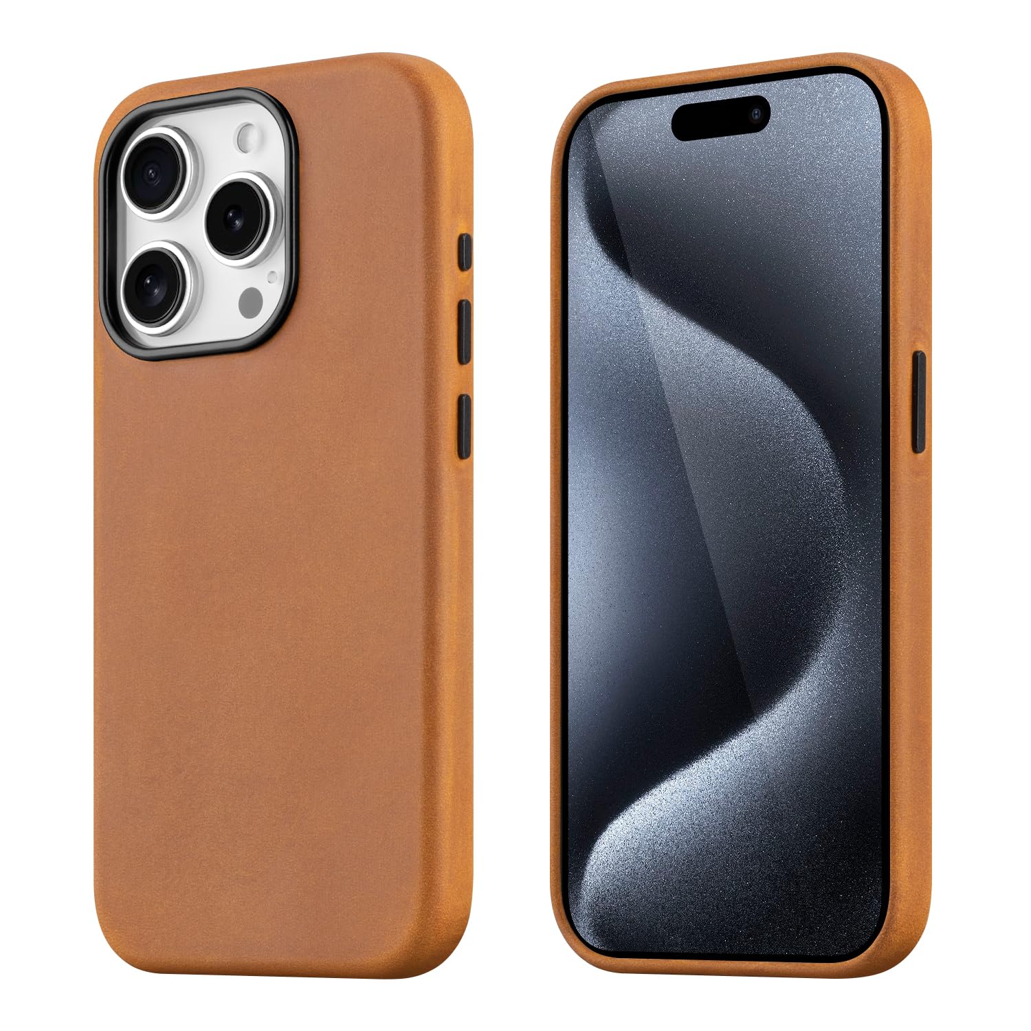 maogoam for iPhone 15 Pro Case Leather, Genuine Crazy Horse Leather Case for iPhone 15 Pro,Compatible with MagSafe, Indiana-Jones Style, Brown — image 1