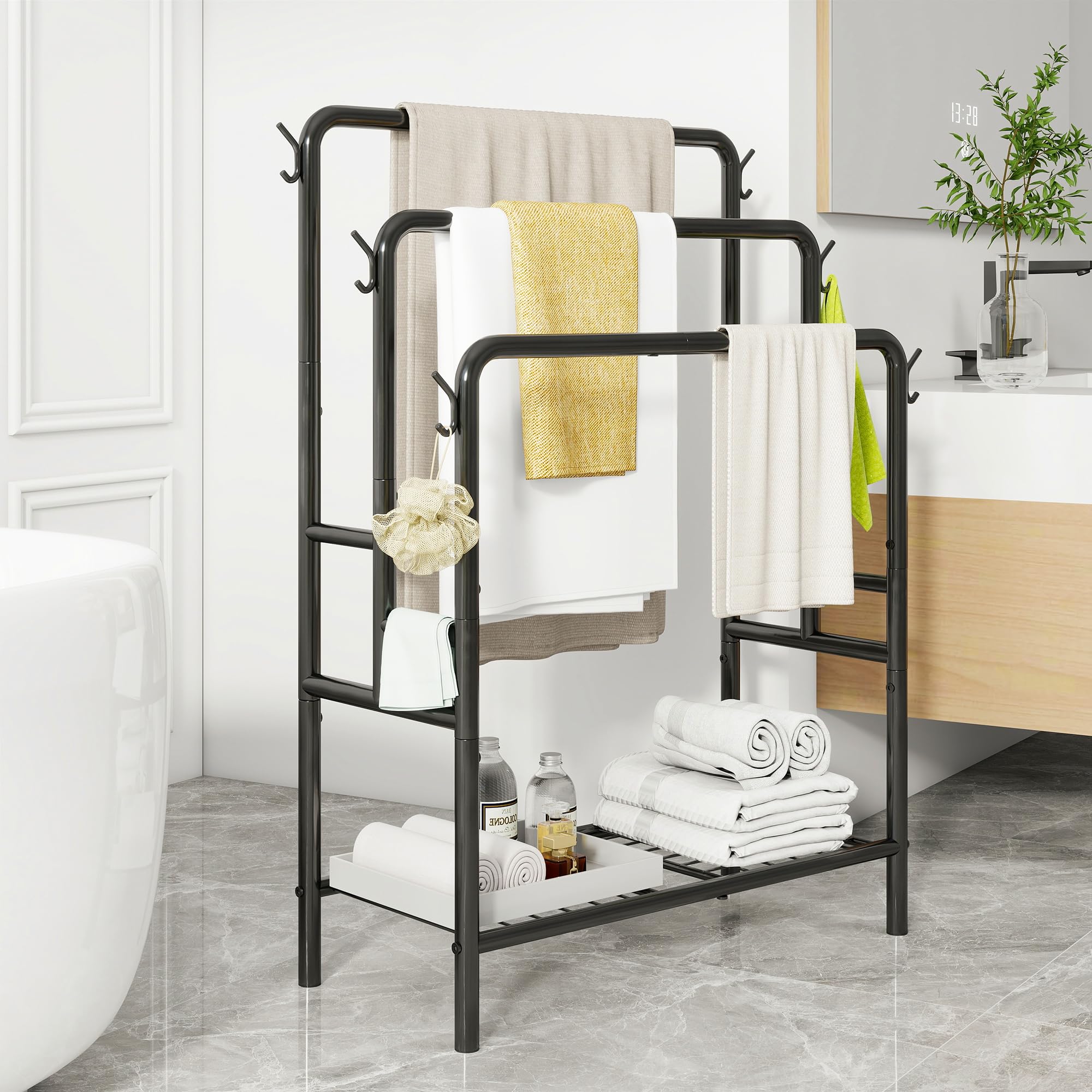 Photo 1 of VERFARM Free Standing Towel Racks for Bathroom, 3 Tiers Towel Rack Stand Floor Bath Towel Holder with 6 Hooks, Black Metal Modern Towel Organizers and Bathroom Storage for Laundry Room, Pool, Outdoor